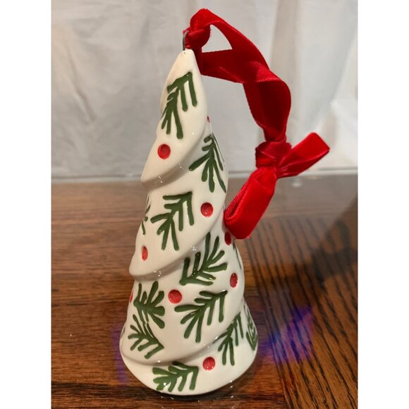Mud Pie Christmas Tree Ornament Ceramic Red Ribbon Hanger & Green Pine Holly - Picture 1 of 5